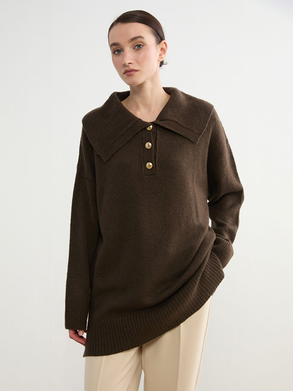 Bej Polo Yaka Kadın Triko Kazak-1