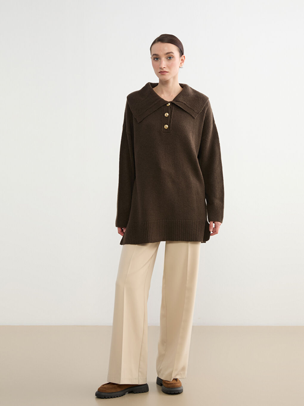 Bej Polo Yaka Kadın Triko Kazak-2