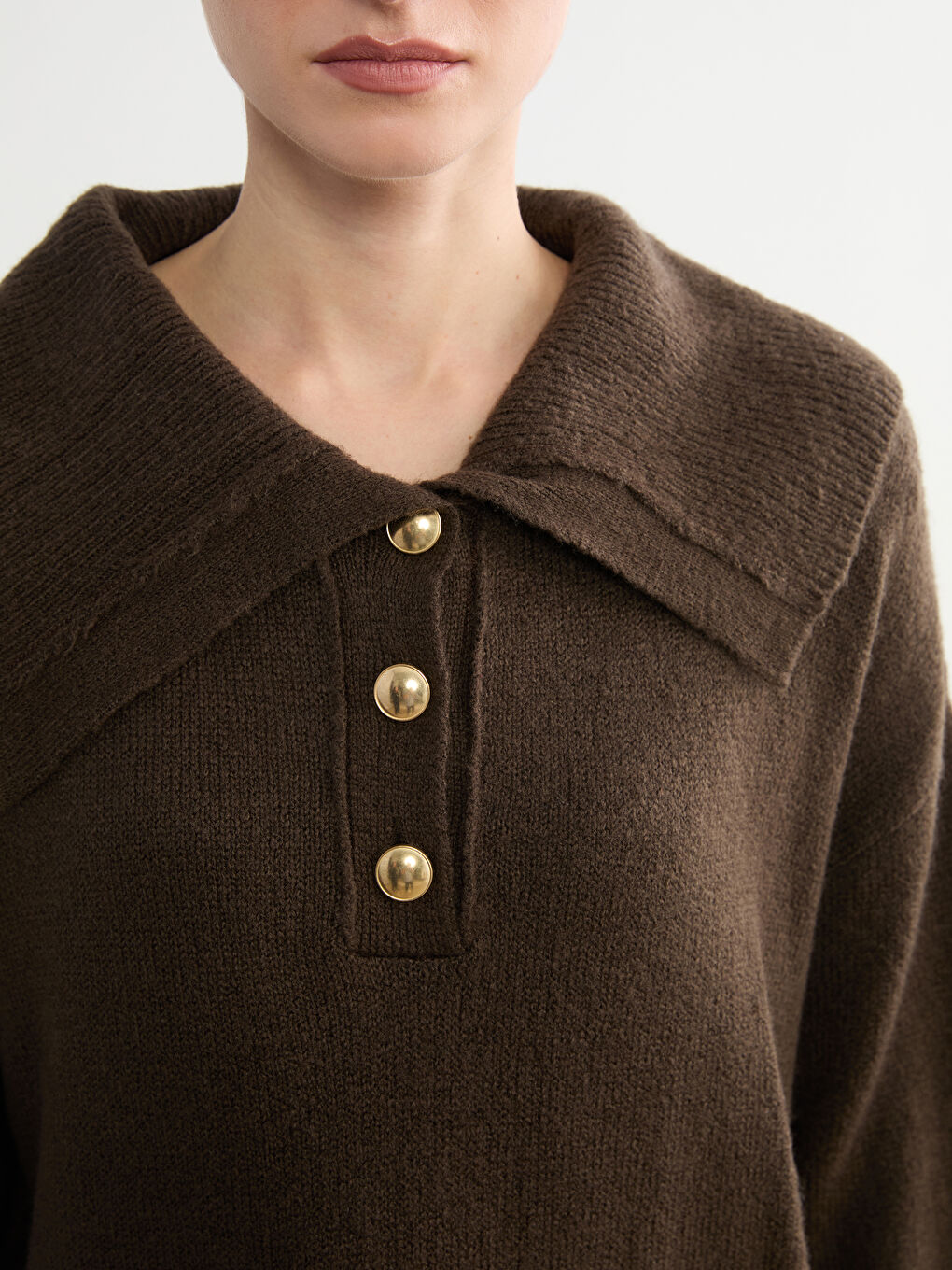 Bej Polo Yaka Kadın Triko Kazak-4