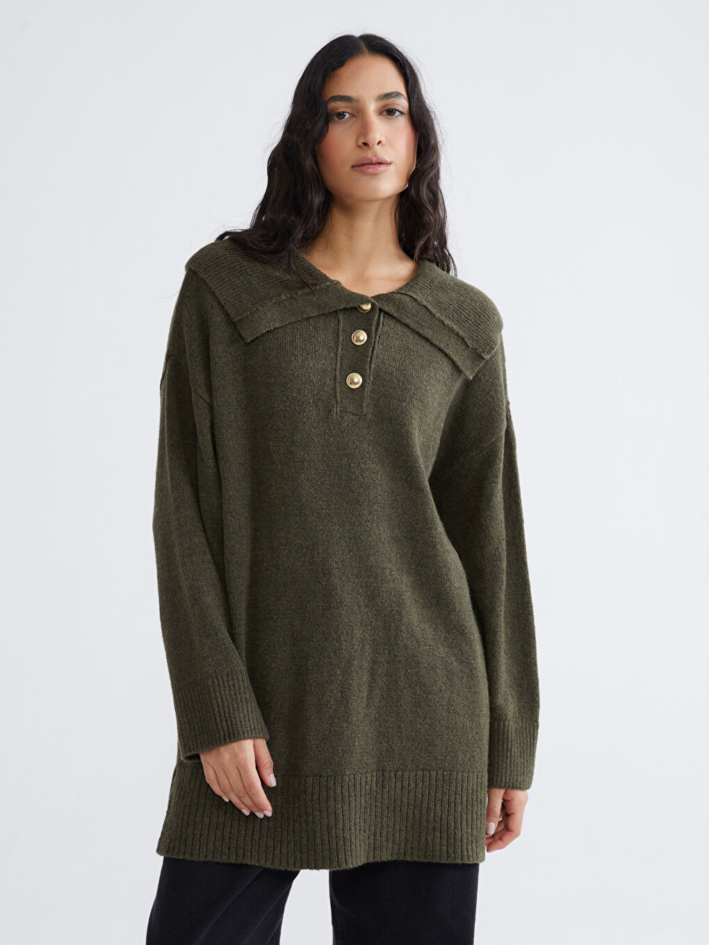 Haki Polo Yaka Kadın Triko Kazak