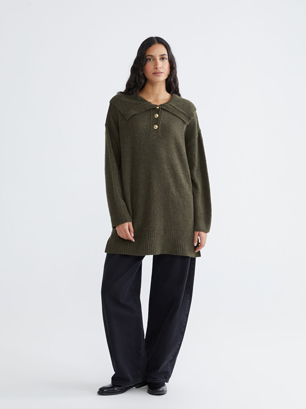 Haki Polo Yaka Kadın Triko Kazak-1