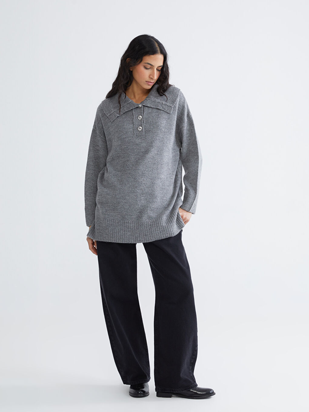 Gri Polo Yaka Kadın Triko Kazak-1