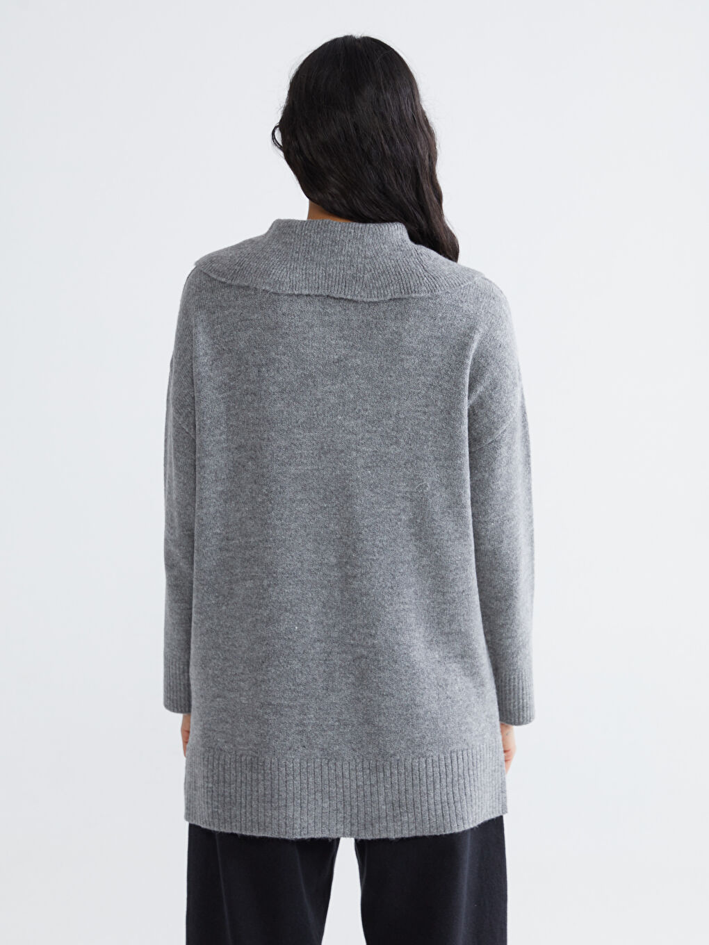 Gri Polo Yaka Kadın Triko Kazak-3