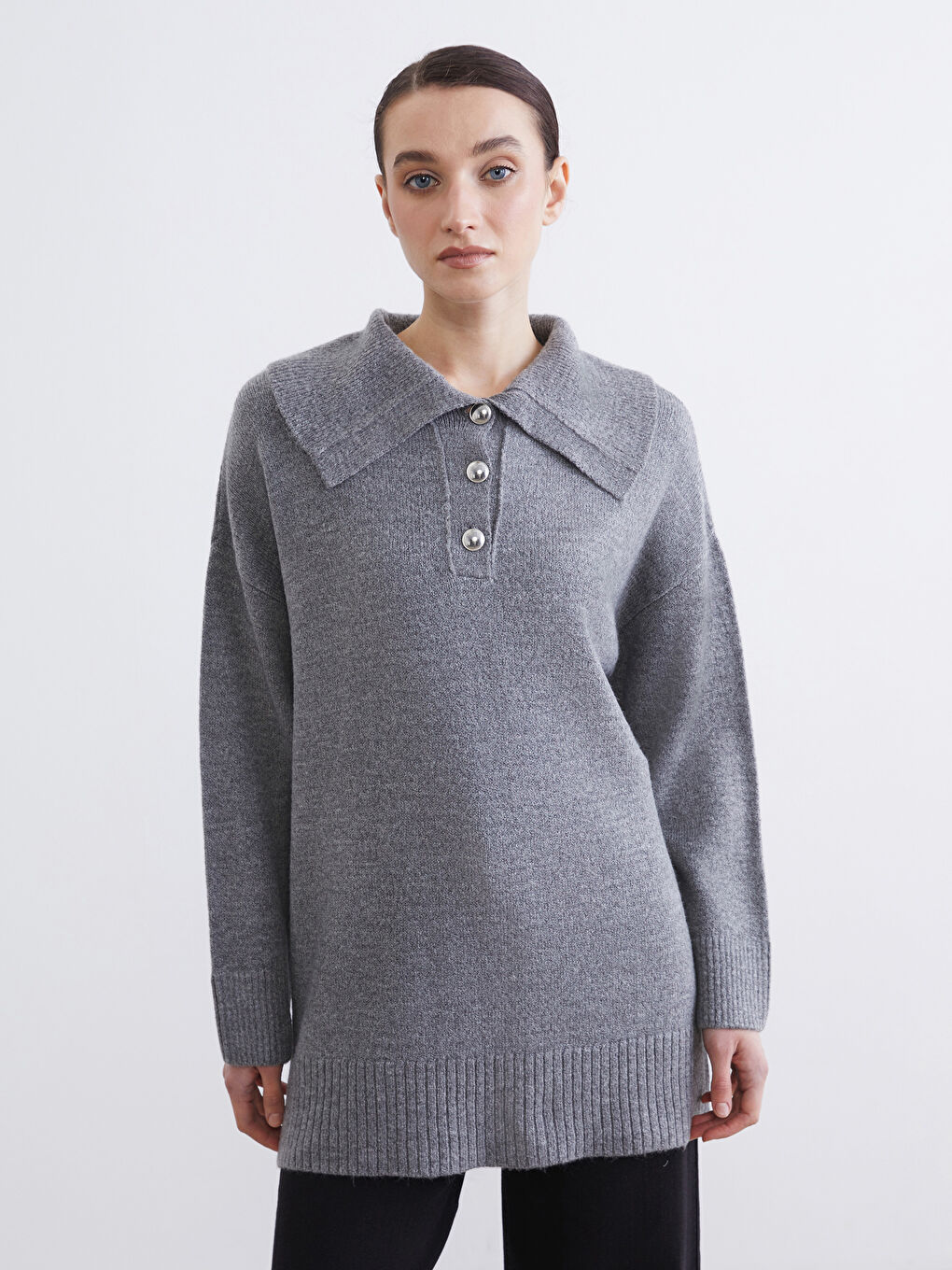 Gri Polo Yaka Kadın Triko Kazak-1