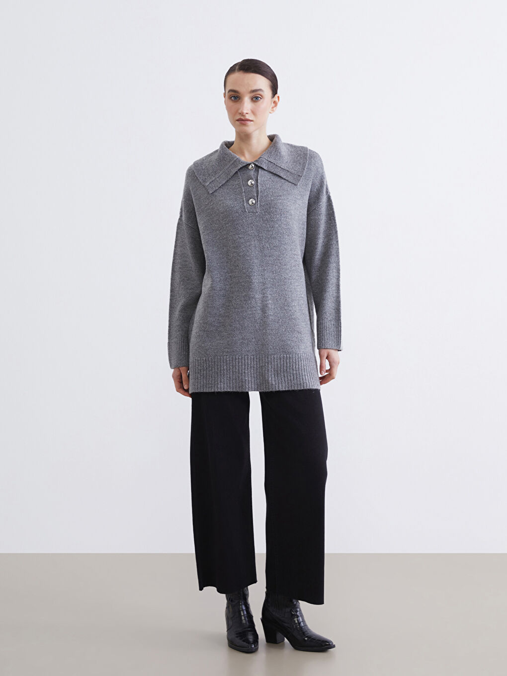 Gri Polo Yaka Kadın Triko Kazak-2