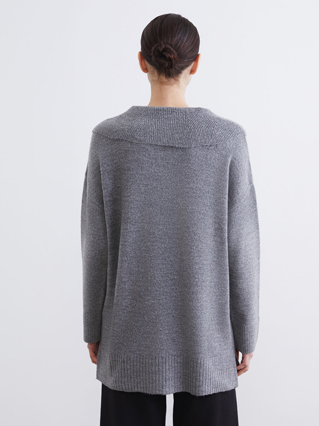 Gri Polo Yaka Kadın Triko Kazak-6