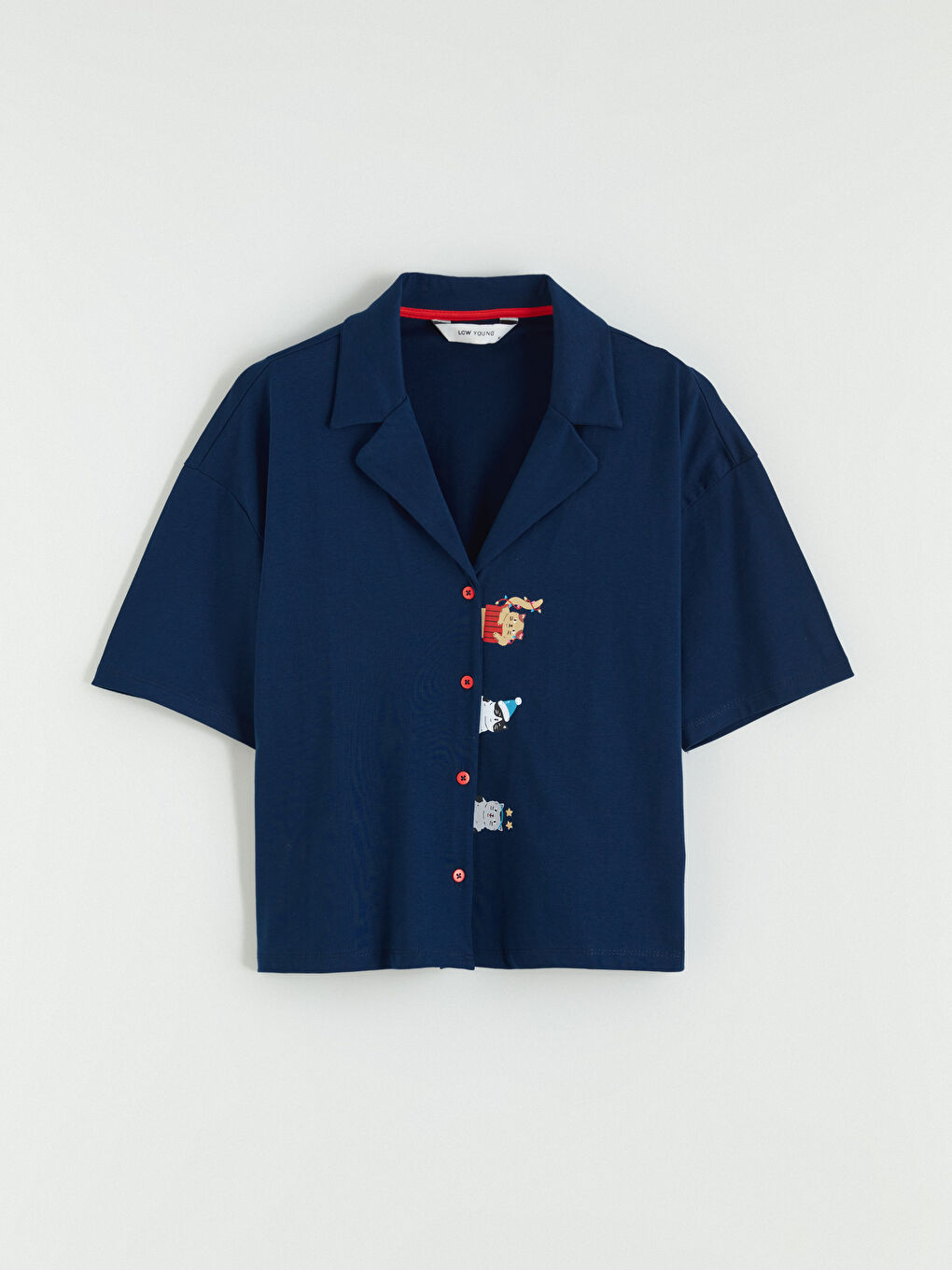 Lacivert Gömlek Yaka Baskılı Kadın Pijama Üstü