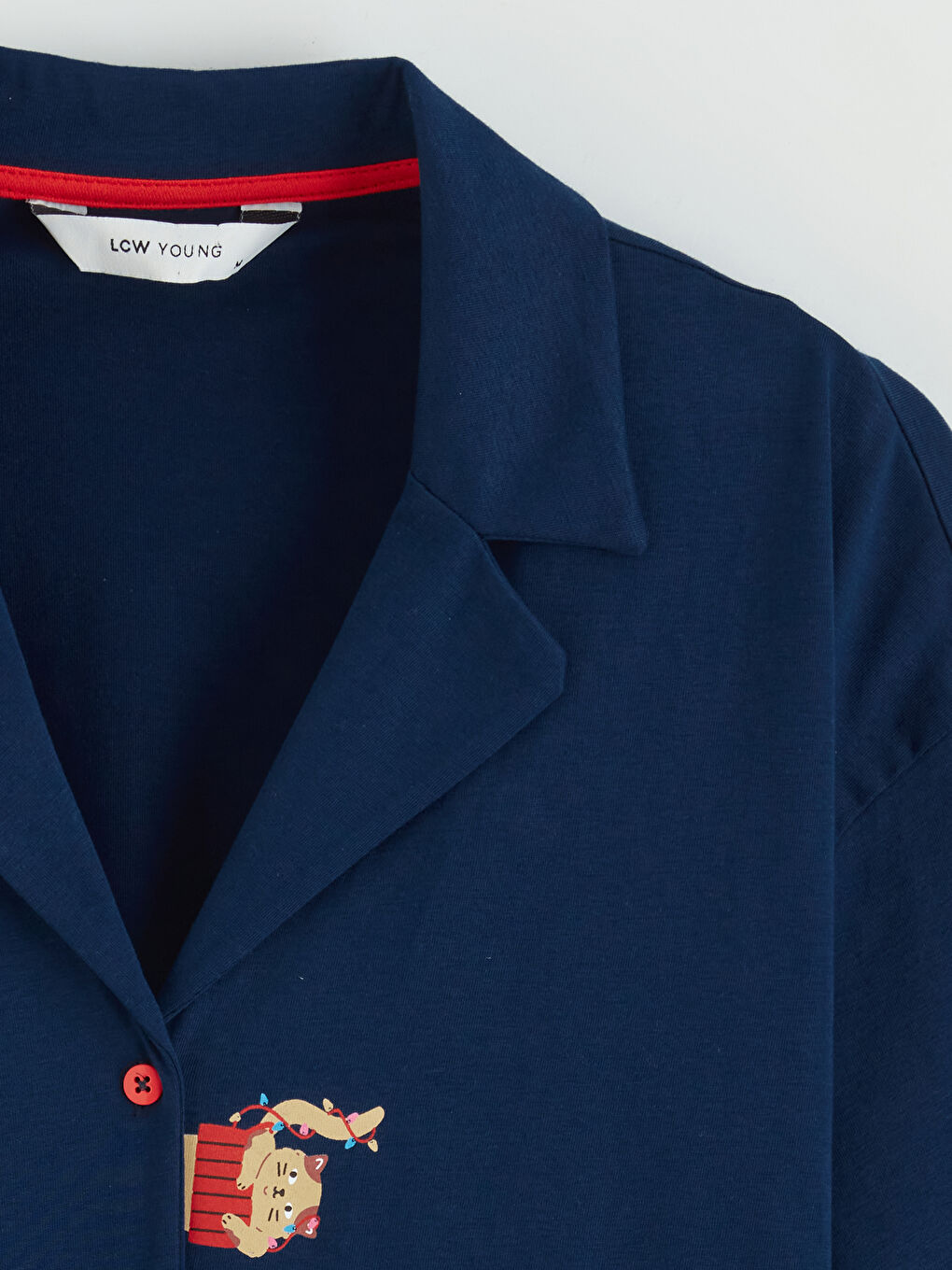 Lacivert Gömlek Yaka Baskılı Kadın Pijama Üstü-1