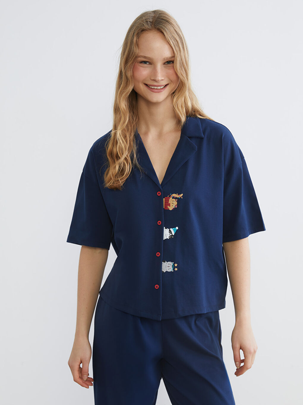 Lacivert Gömlek Yaka Baskılı Kadın Pijama Takımı-1