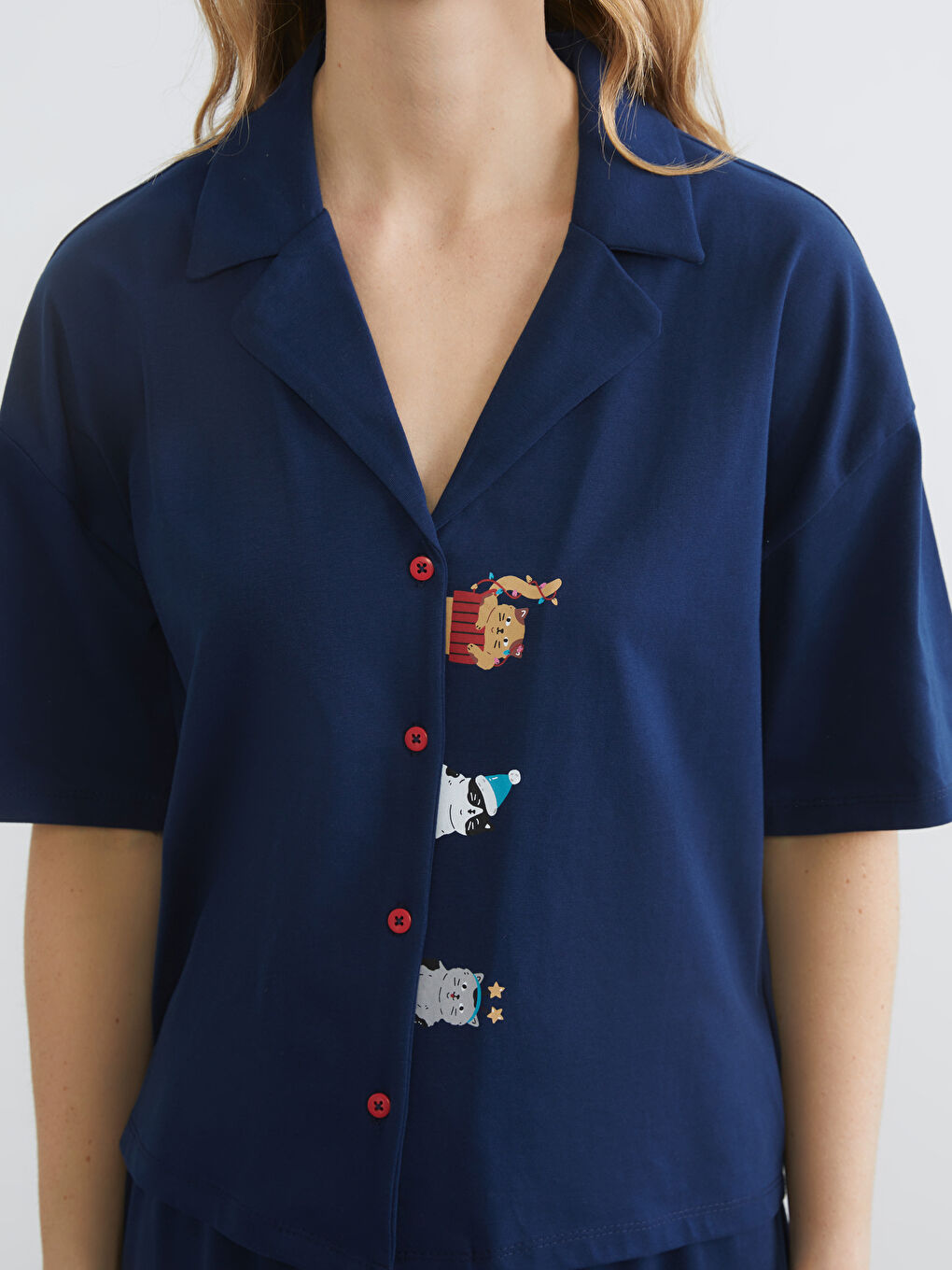 Lacivert Gömlek Yaka Baskılı Kadın Pijama Takımı-2