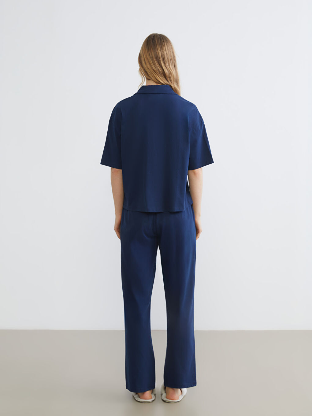 Lacivert Gömlek Yaka Baskılı Kadın Pijama Takımı-3