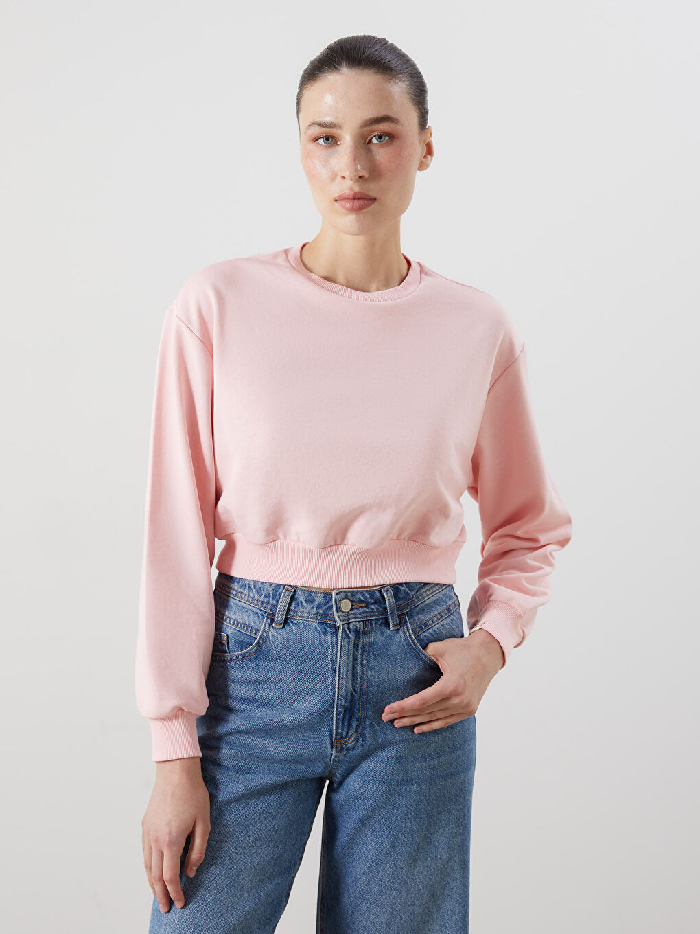LCW ECO Crew Neck Crop Women's Sweatshirt -W5GU60Z8-DMQ