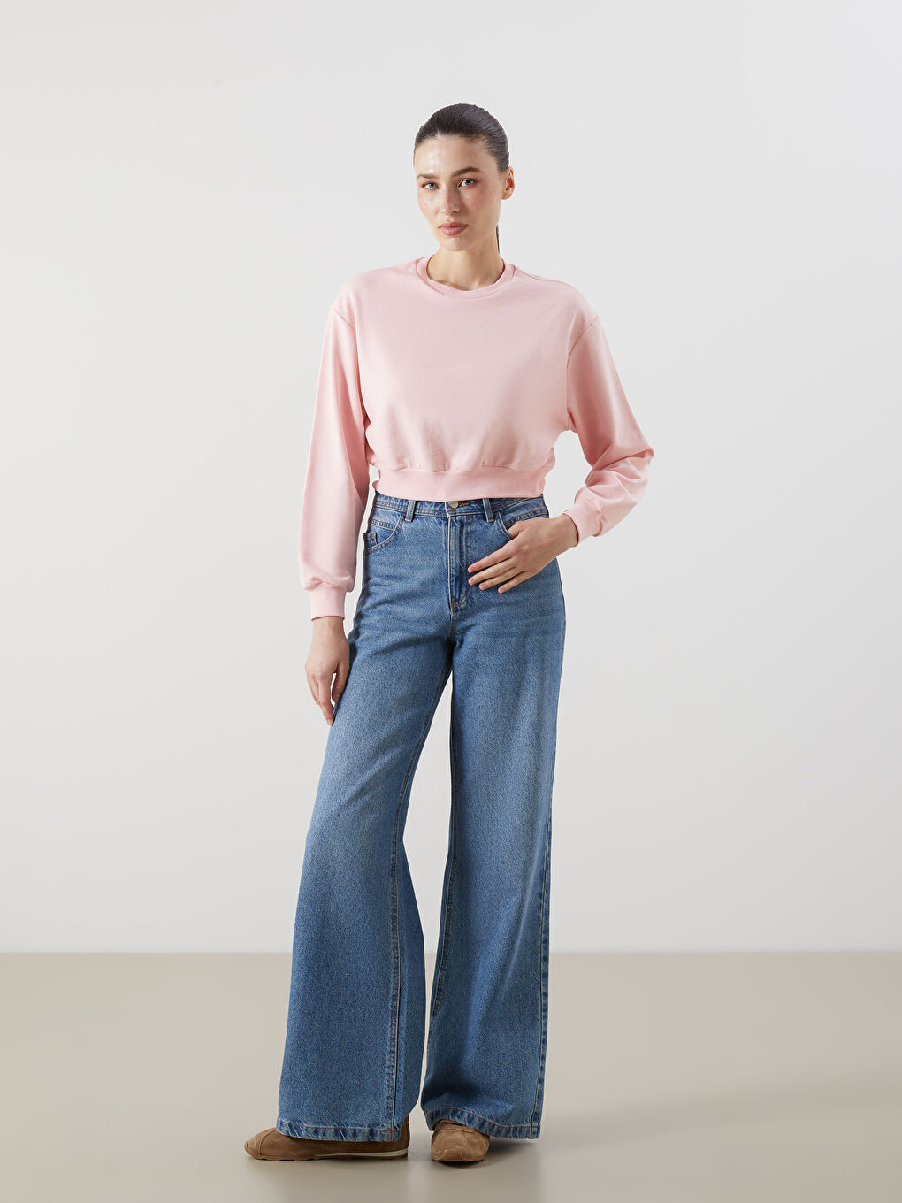 LCW ECO Crew Neck Crop Women's Sweatshirt -W5GU60Z8-DMQ