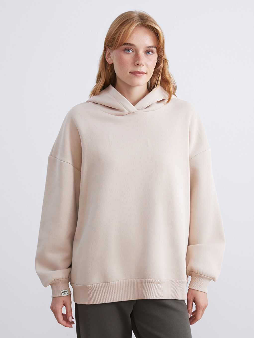 Bej Oversize Kadın Kalın Hoodie
