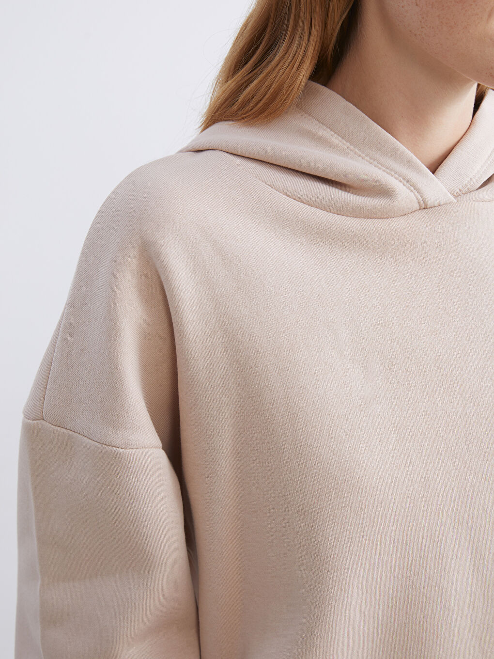 Bej Oversize Kadın Kalın Hoodie-2