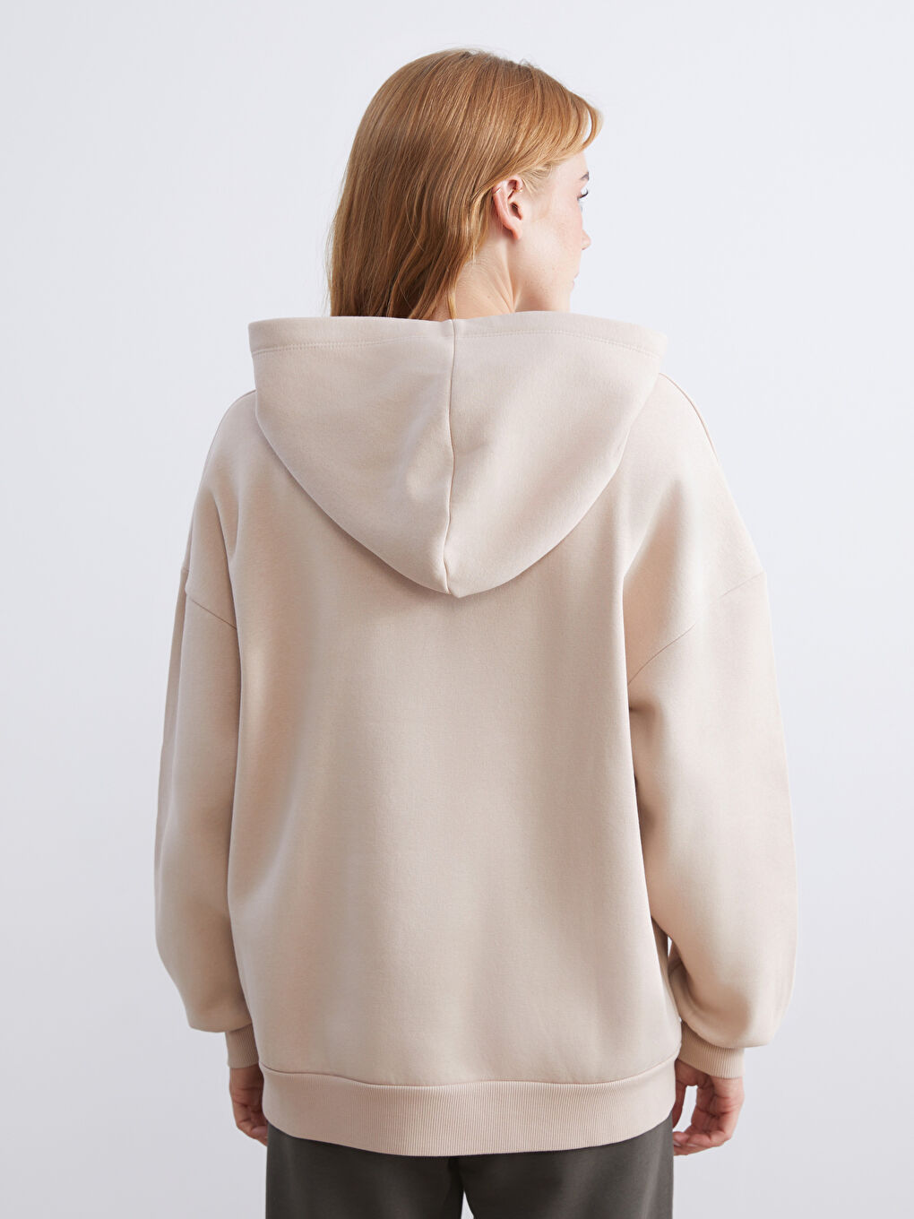 Bej Oversize Kadın Kalın Hoodie-3
