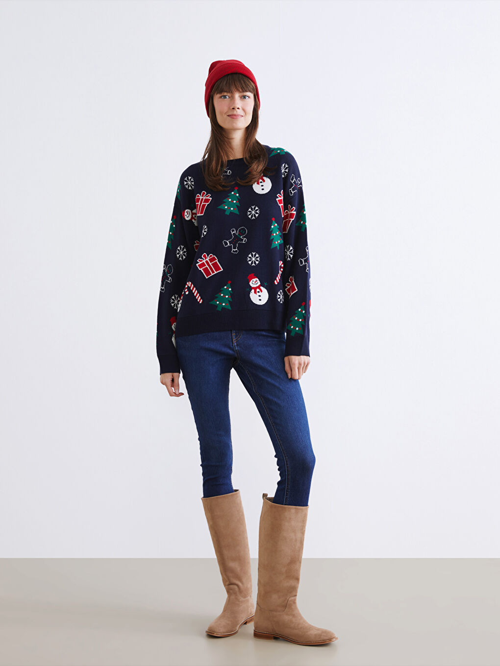 Lacivert Bisiklet Yaka Yılbaşı Temalı Kadın Triko Kazak-1