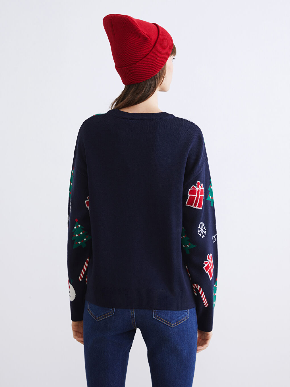 Lacivert Bisiklet Yaka Yılbaşı Temalı Kadın Triko Kazak-3
