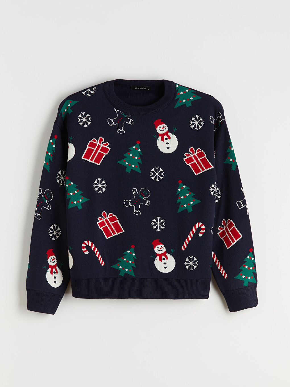 Lacivert Bisiklet Yaka Yılbaşı Temalı Kadın Triko Kazak-5