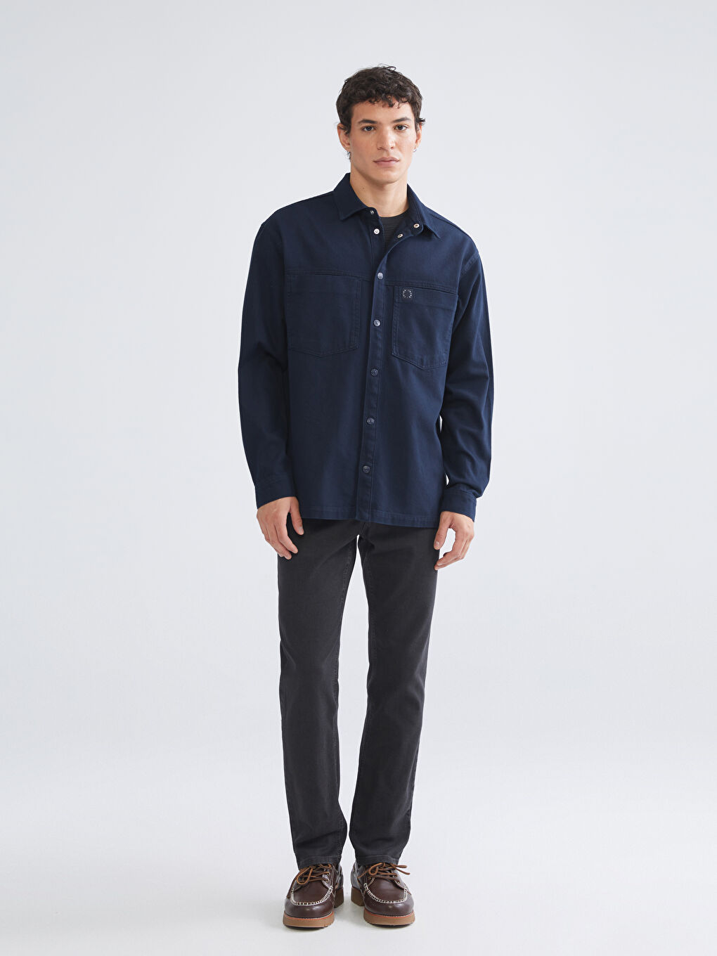 İndigo Rahat Kalıp Uzun Kollu Erkek Jean Gömlek-1