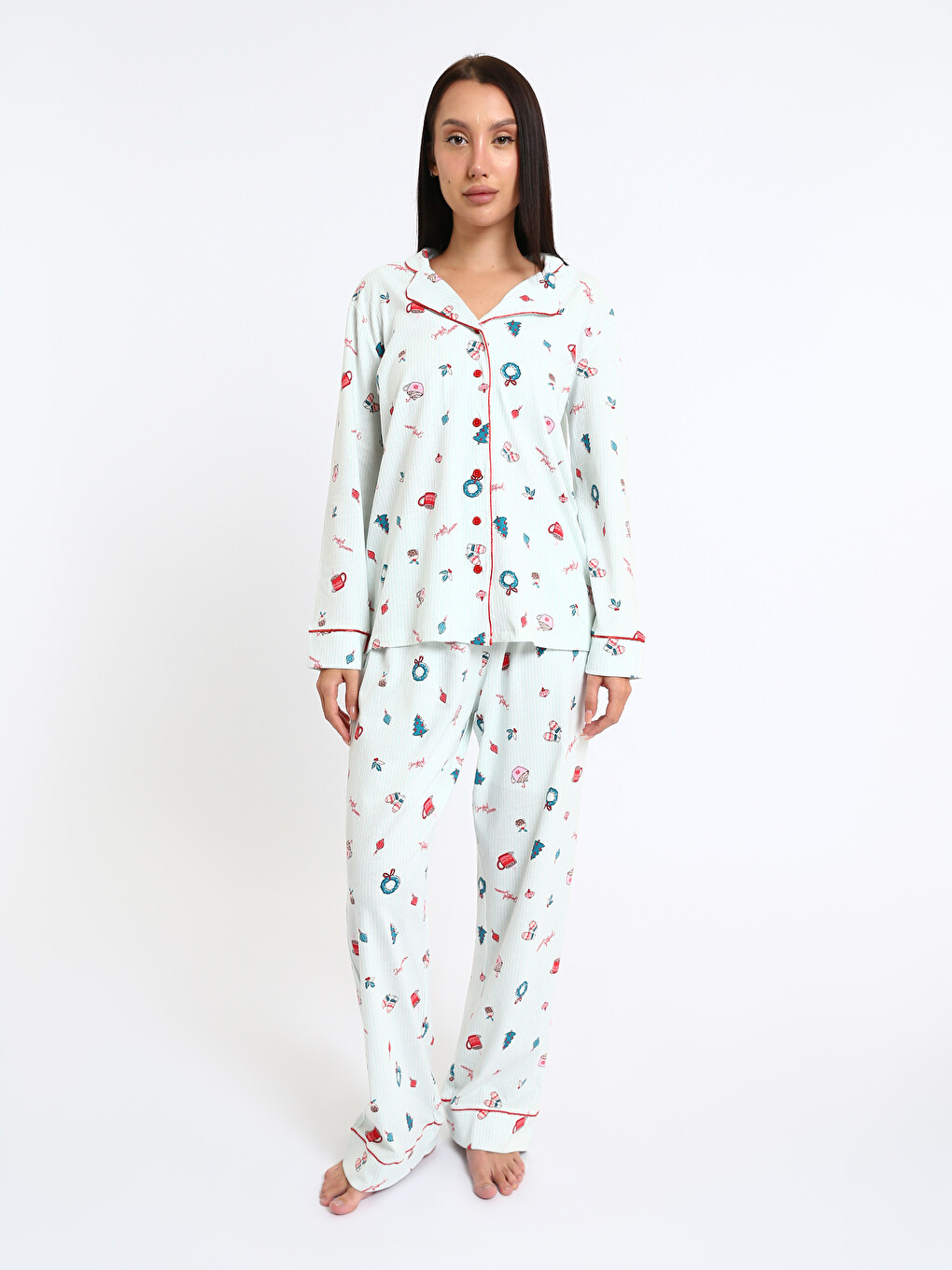 Karışık Gömlek Yaka Baskılı Kadın Pijama Takımı