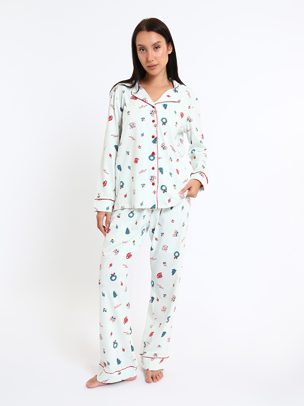 Karışık Gömlek Yaka Baskılı Kadın Pijama Takımı-1