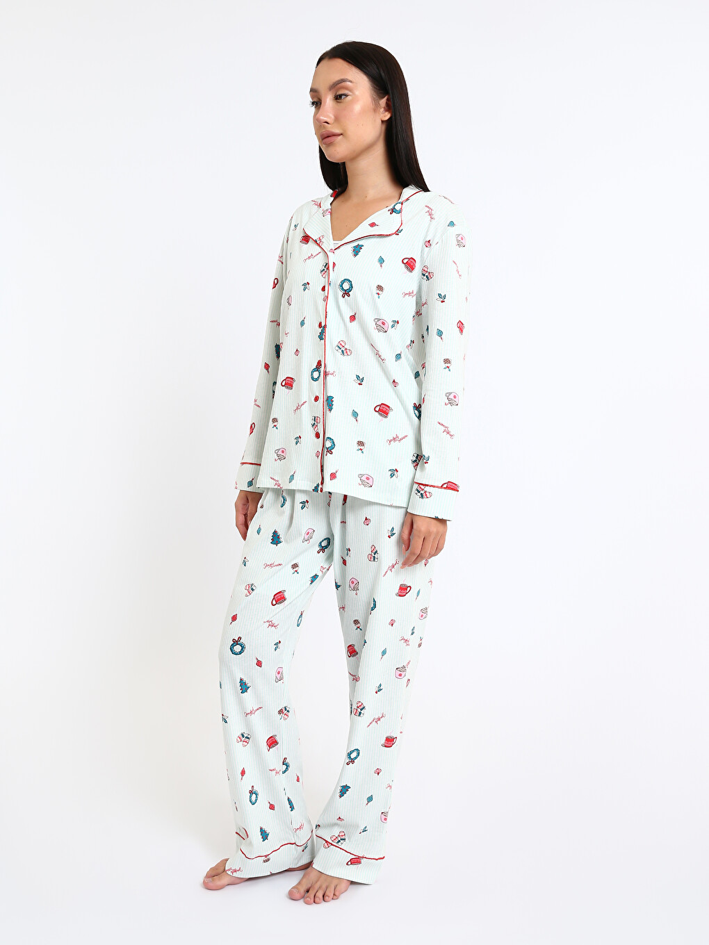 Karışık Gömlek Yaka Baskılı Kadın Pijama Takımı-3