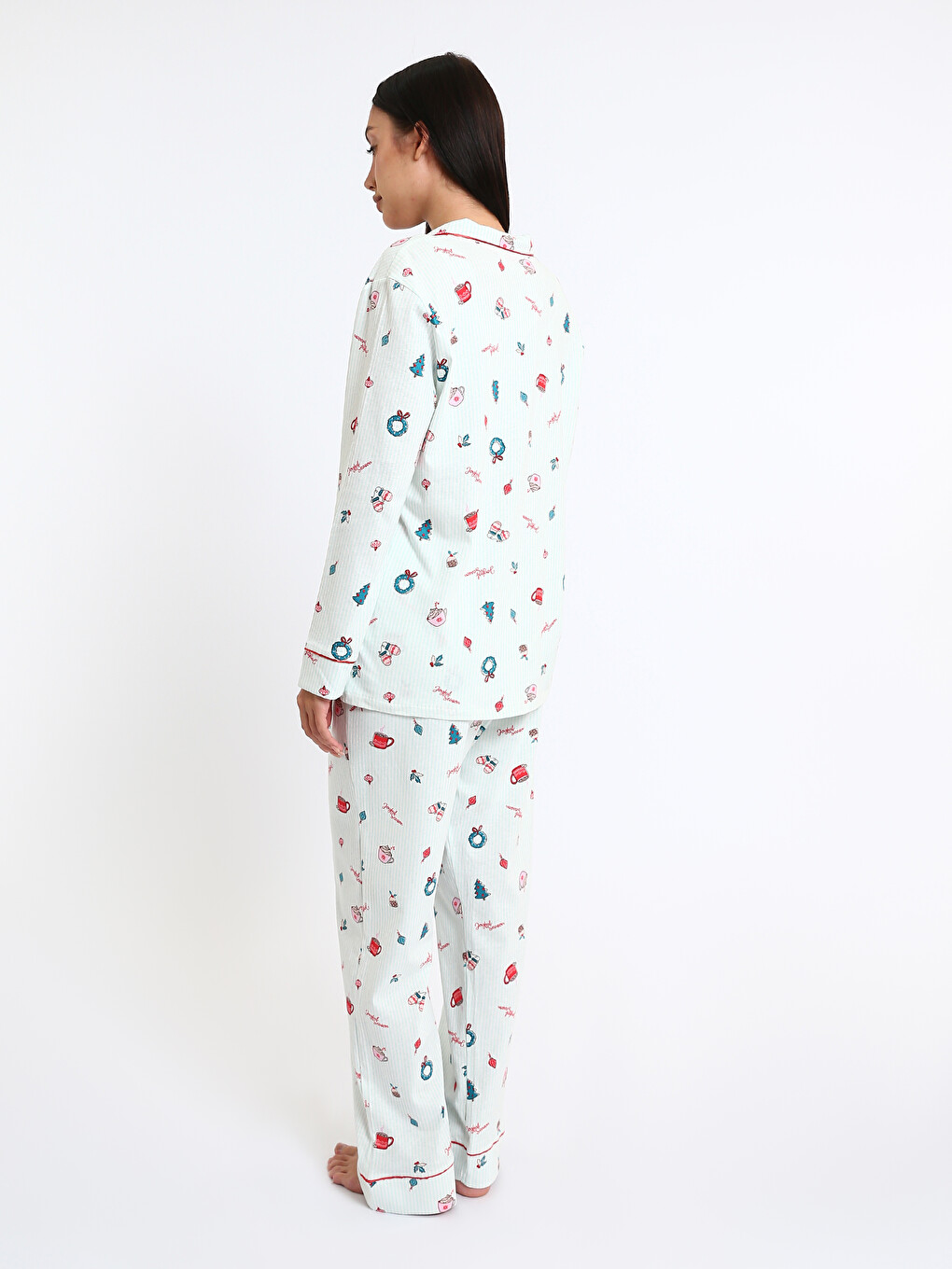 Karışık Gömlek Yaka Baskılı Kadın Pijama Takımı-5