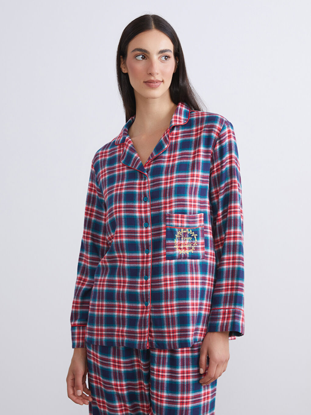 سێتی بیجامەی چوارخانەی یەخەی کراس بۆ ژنان-1