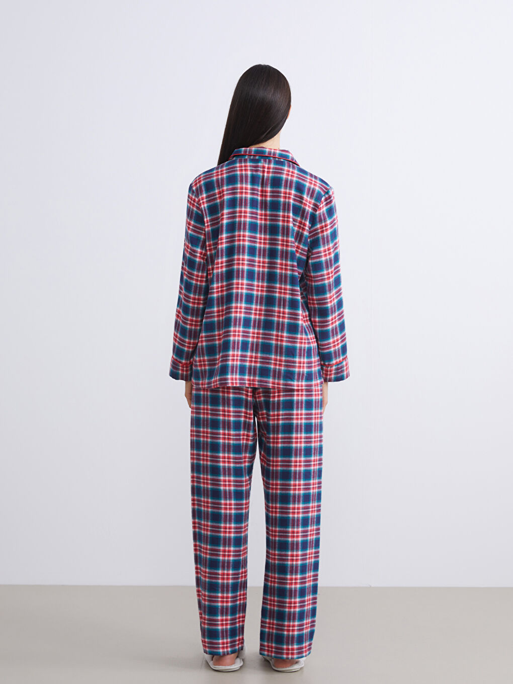 سێتی بیجامەی چوارخانەی یەخەی کراس بۆ ژنان-3