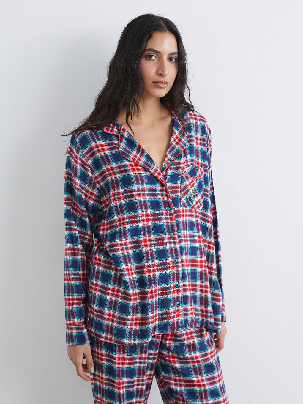 Kırmızı Gömlek Yaka Ekose Kadın Pijama Takımı