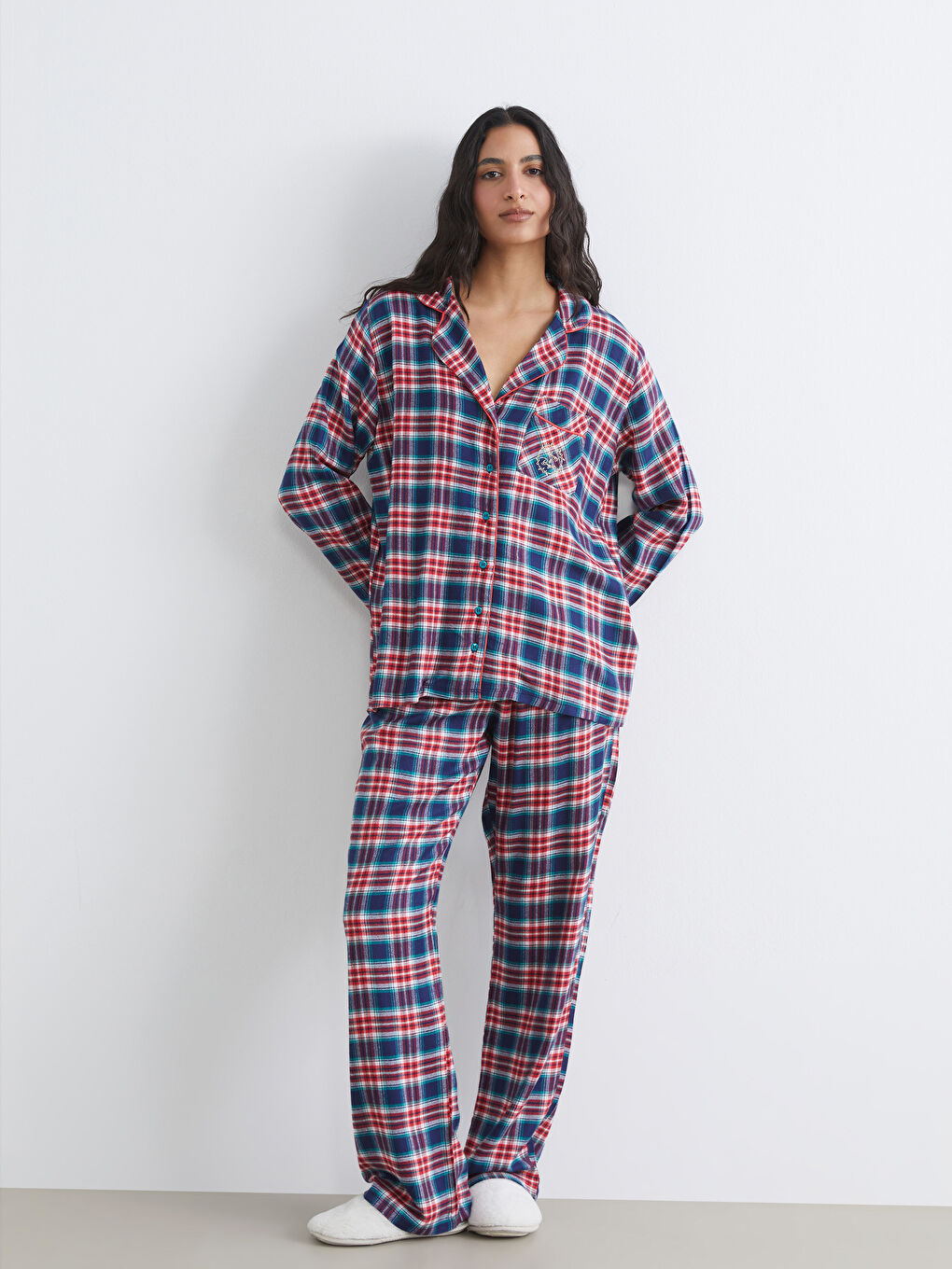 Kırmızı Gömlek Yaka Ekose Kadın Pijama Takımı-1