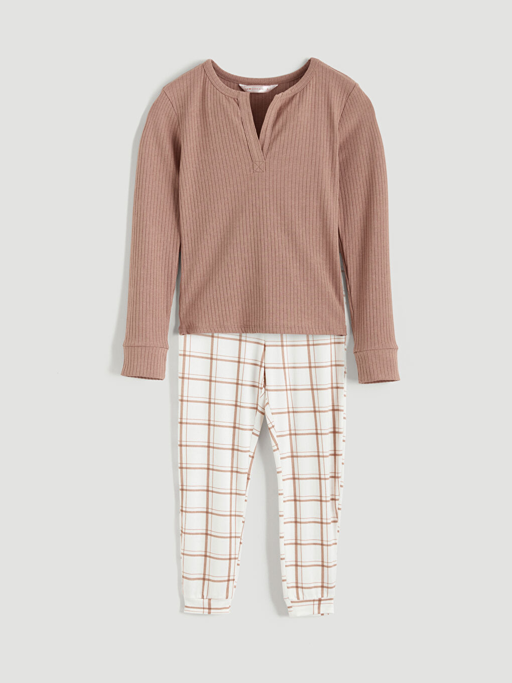 Kahverengi Kaçık Yaka Ekose Kadın Pijama Takımı-4