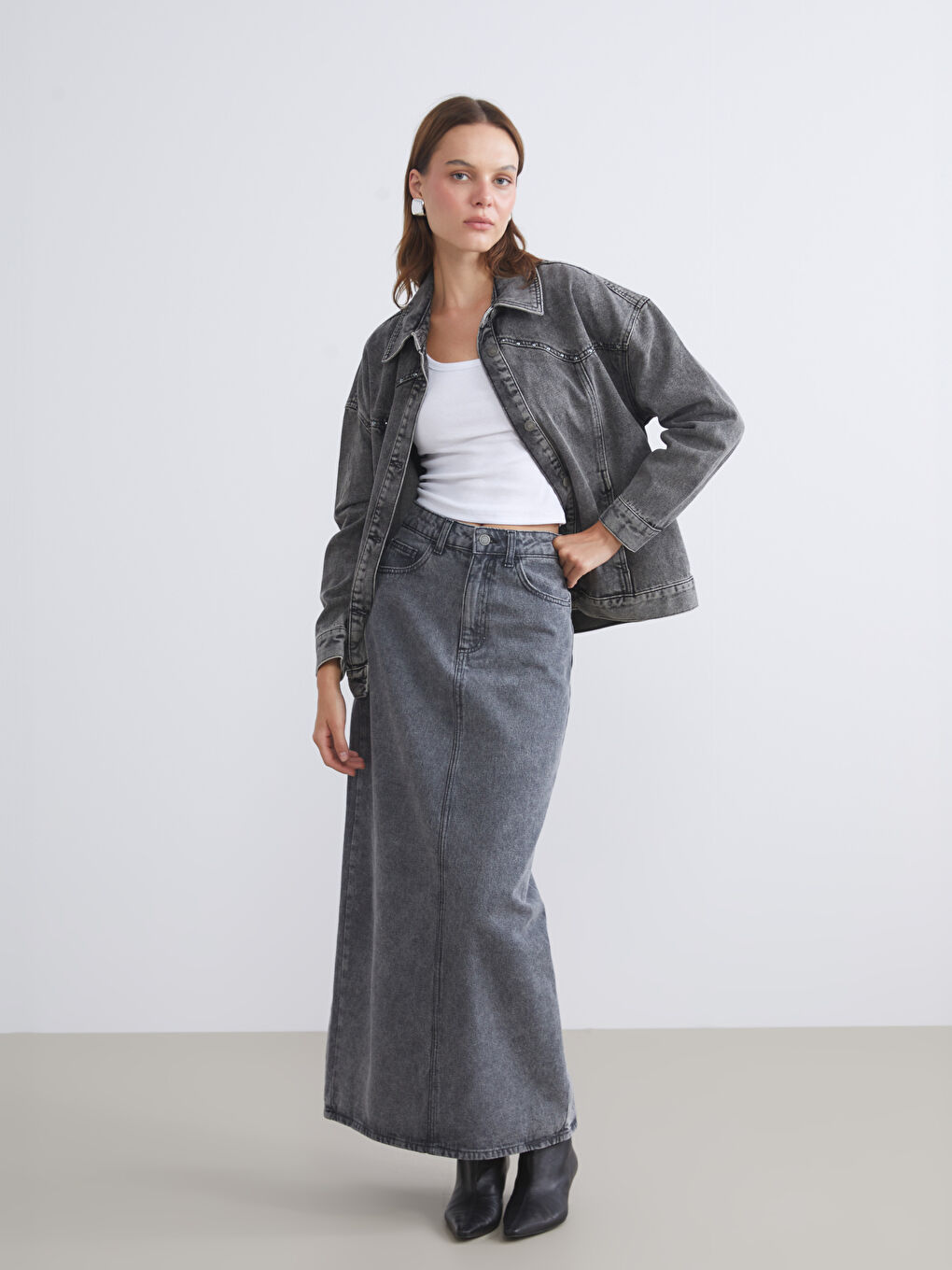 LCW Vision Elasticated Waist Women's Denim Skirt -W5GY81Z8-GRD