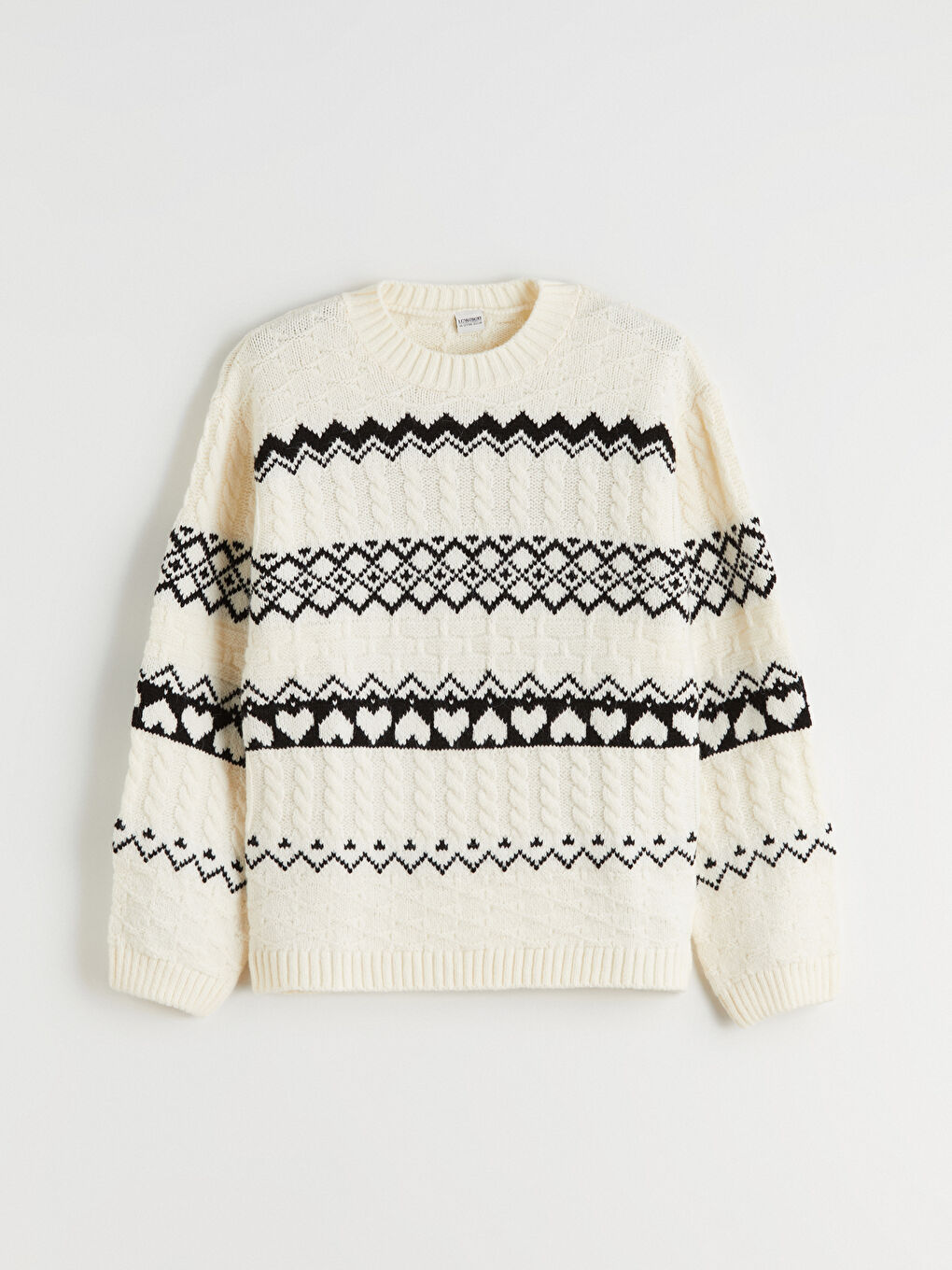 Ekru Bisiklet Yaka Desenli Kız Çocuk Triko Kazak