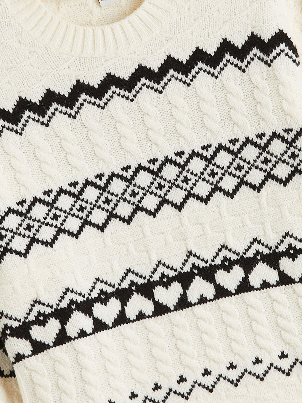 Ekru Bisiklet Yaka Desenli Kız Çocuk Triko Kazak-1