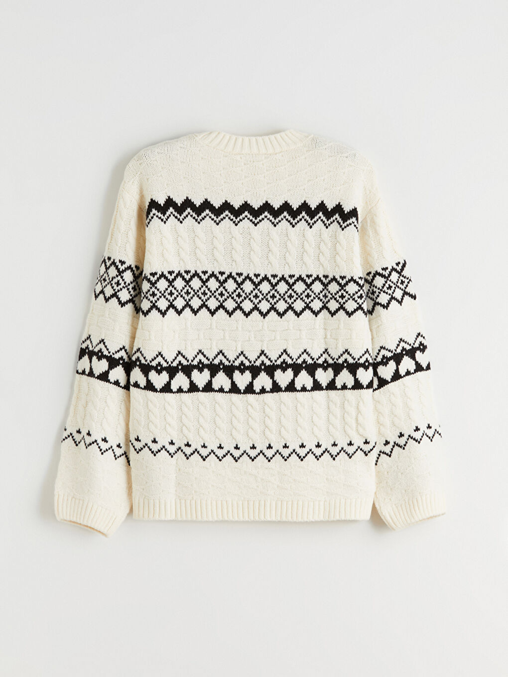 Ekru Bisiklet Yaka Desenli Kız Çocuk Triko Kazak-2