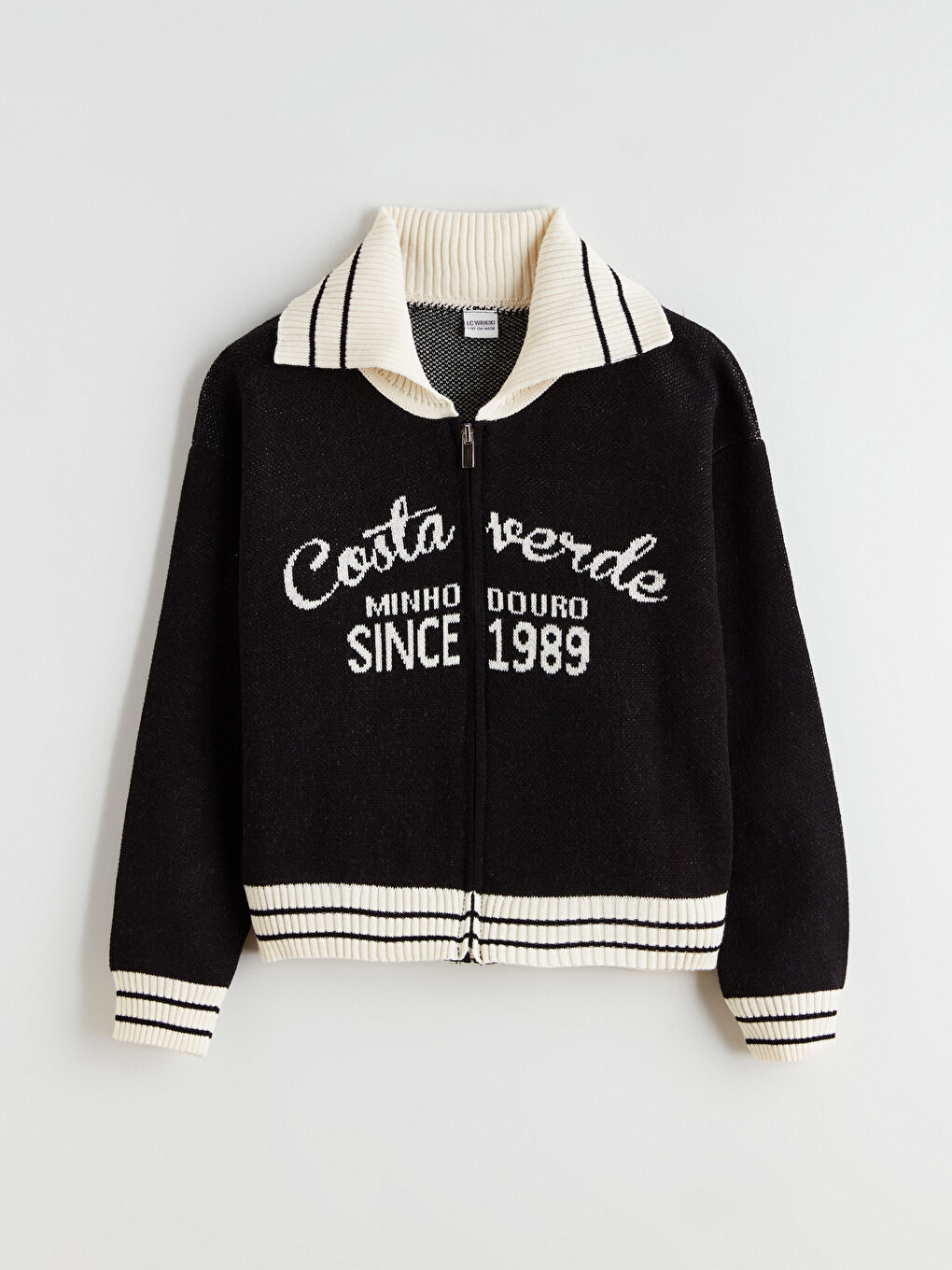 Siyah Polo Yaka Kız Çocuk Triko Hırka-1