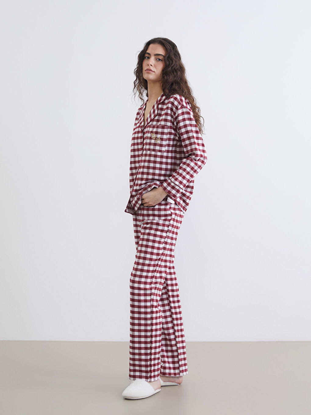 Kırmızı Gömlek Yaka Ekose Kadın Pijama Takımı-1