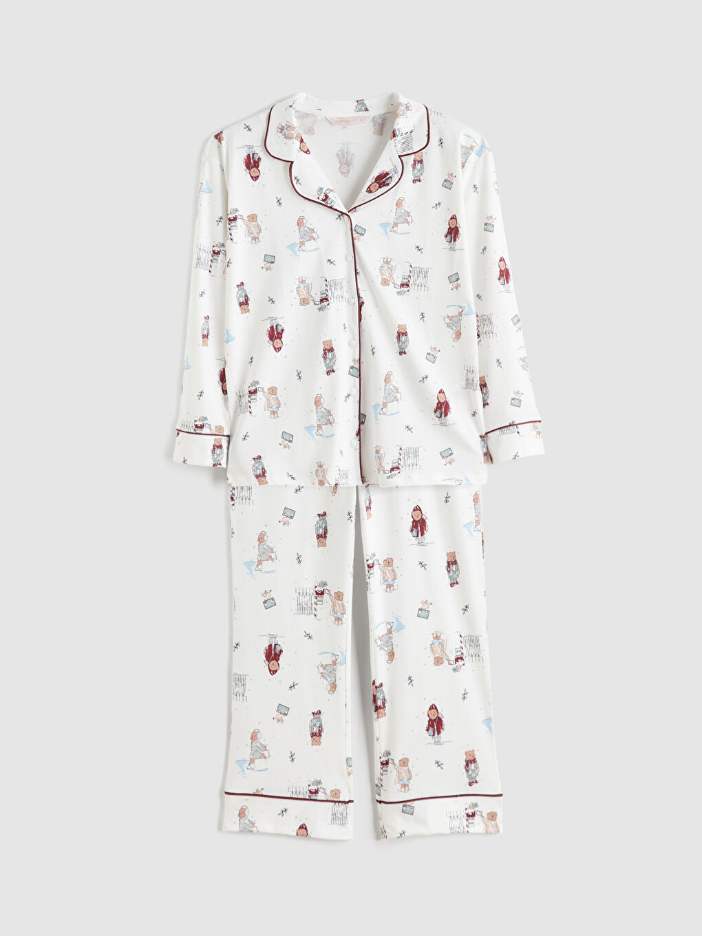 Ekru Gömlek Yaka Yılbaşı Temalı Kadın Pijama Takımı-4
