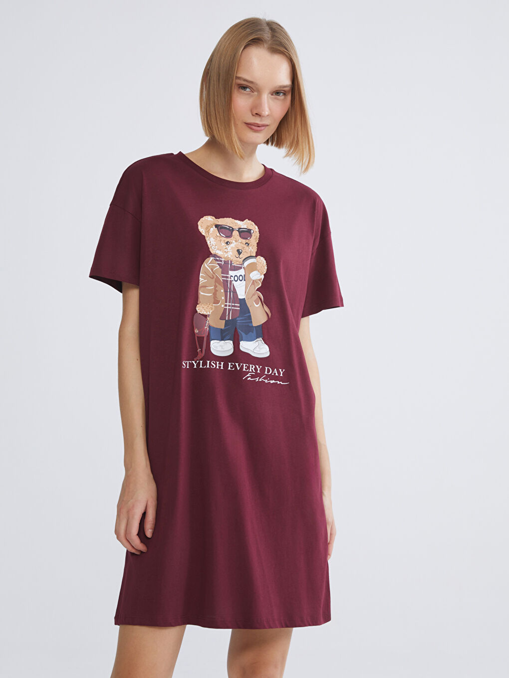 قميص نوم مطبوع دب تيدي كول مدور نساء-1