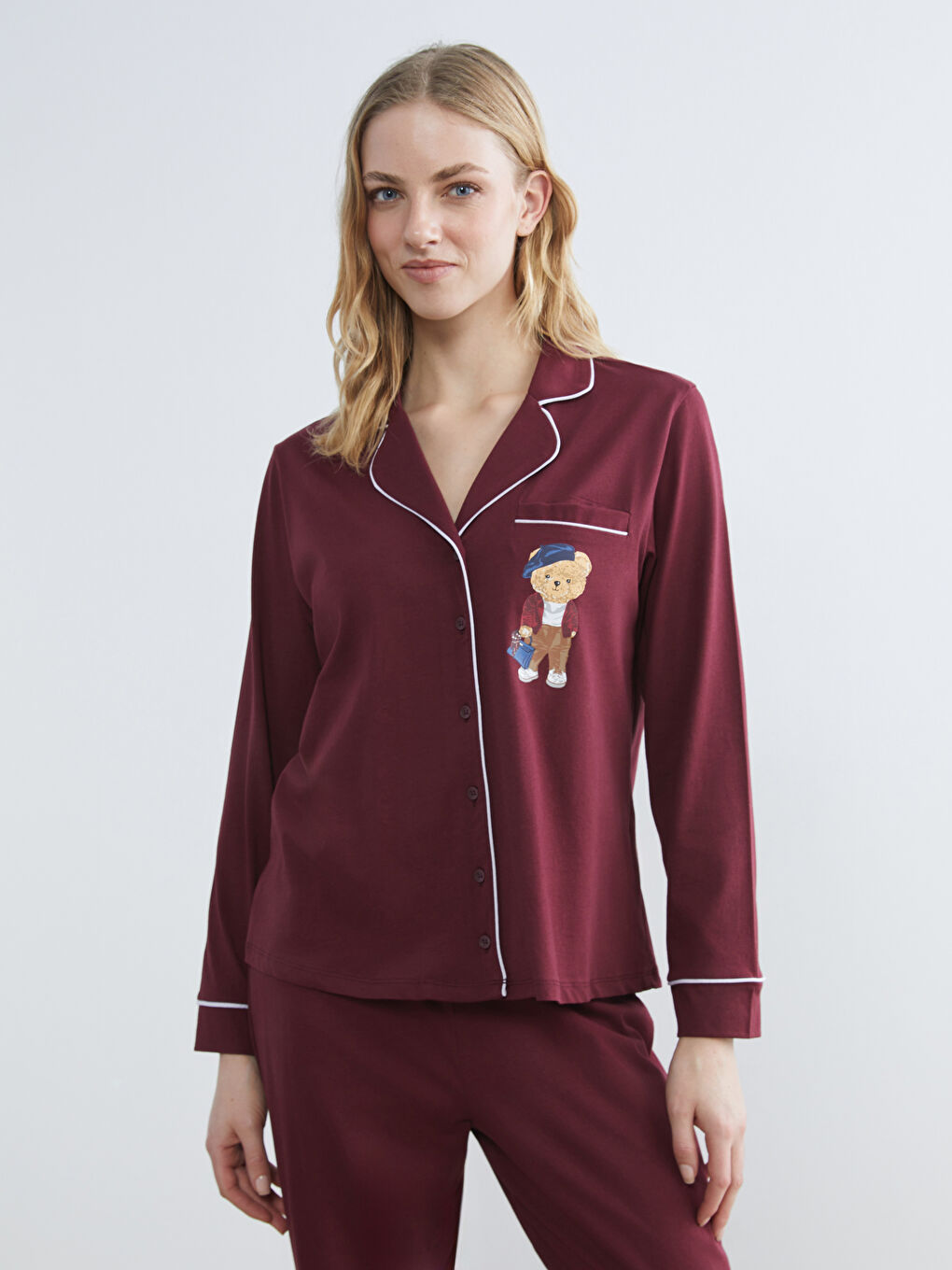 Bordo Gömlek Yaka Ayı Teddy Baskılı Kadın Pijama Takımı-1