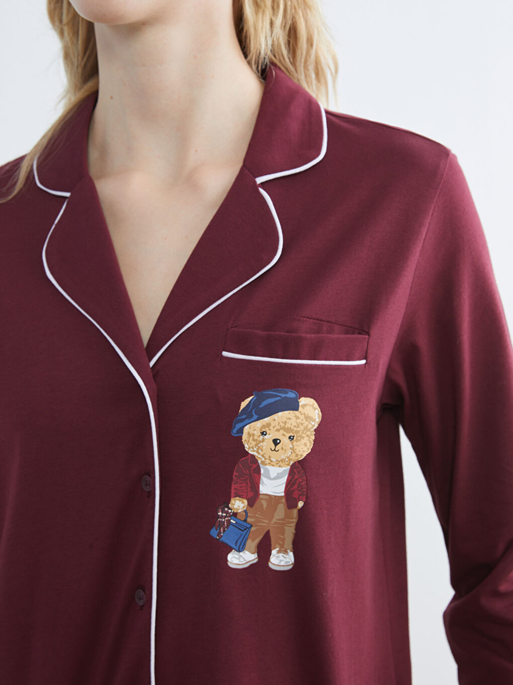Bordo Gömlek Yaka Ayı Teddy Baskılı Kadın Pijama Takımı-2