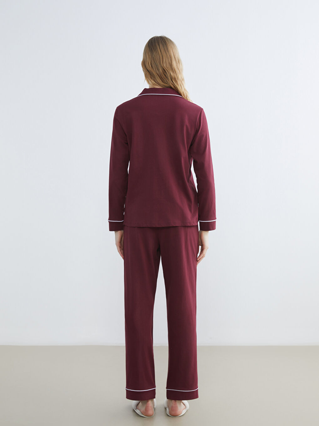 Bordo Gömlek Yaka Ayı Teddy Baskılı Kadın Pijama Takımı-3