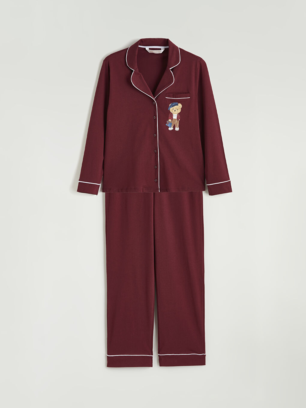 Bordo Gömlek Yaka Ayı Teddy Baskılı Kadın Pijama Takımı-4