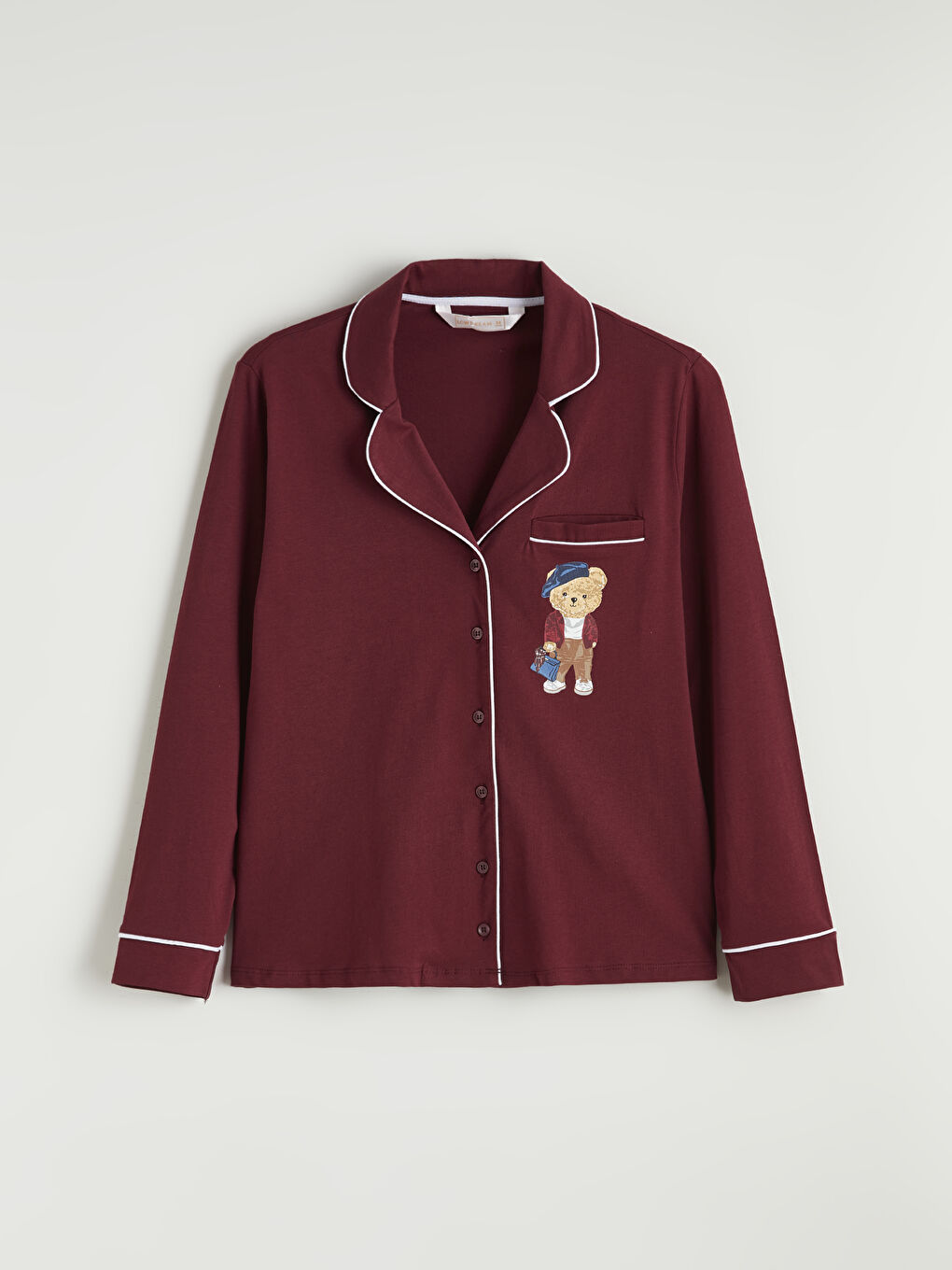 Bordo Gömlek Yaka Ayı Teddy Baskılı Kadın Pijama Takımı-5