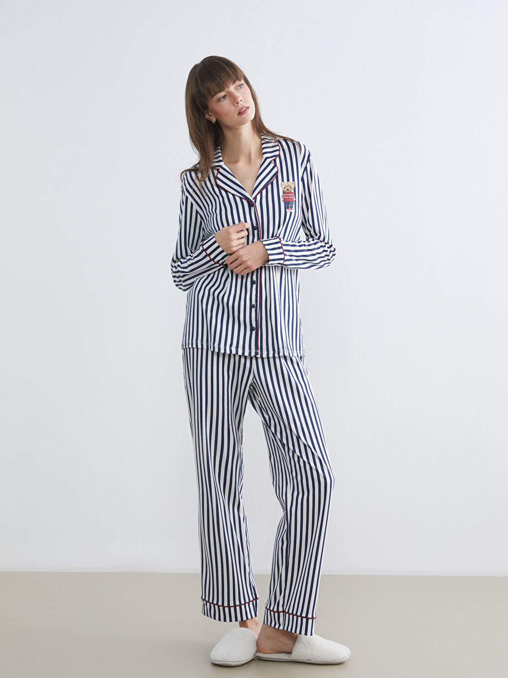 Lacivert Beli Lastikli Çizgili Kadın Pijama Alt