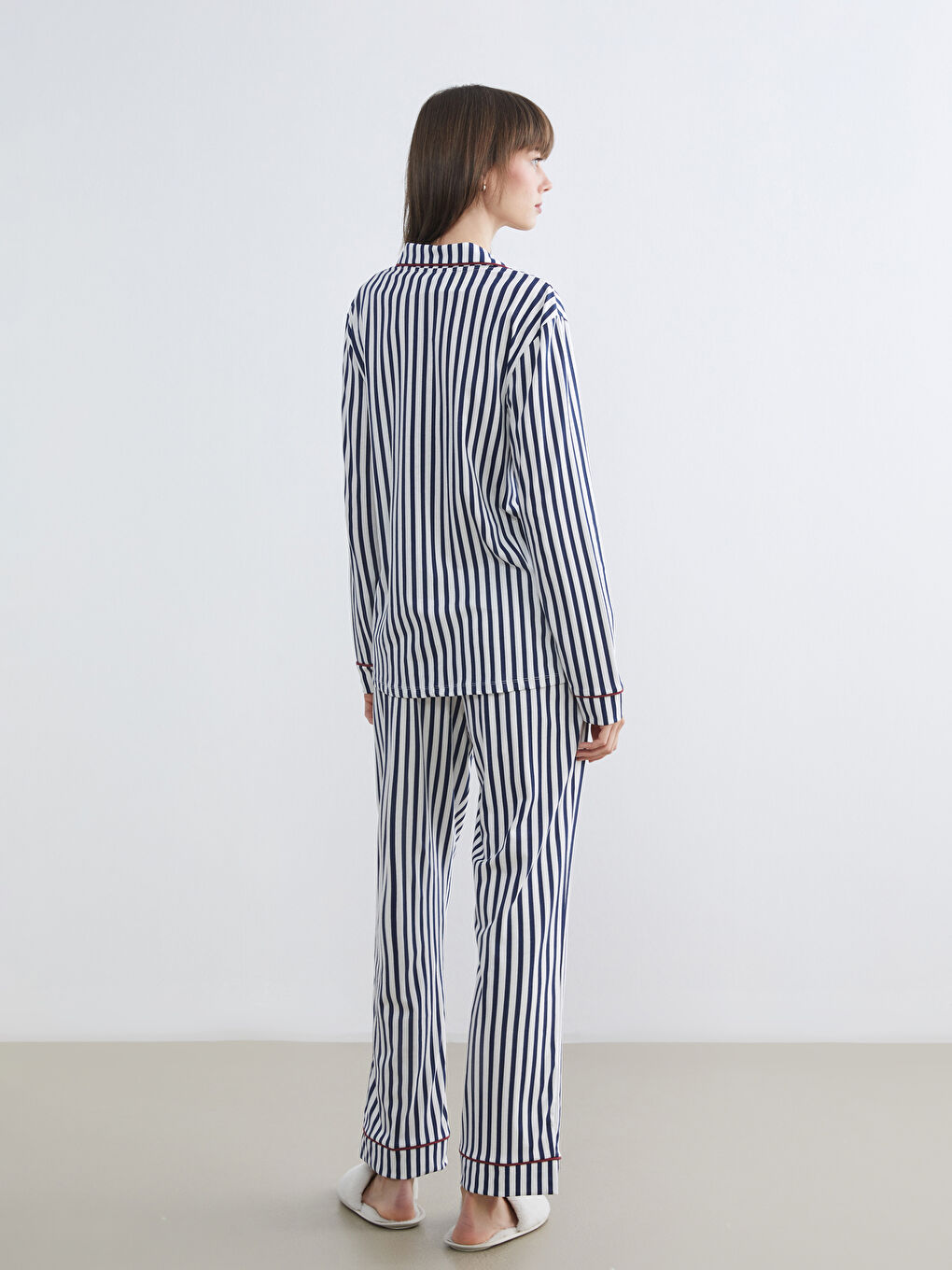 Lacivert Beli Lastikli Çizgili Kadın Pijama Alt-1