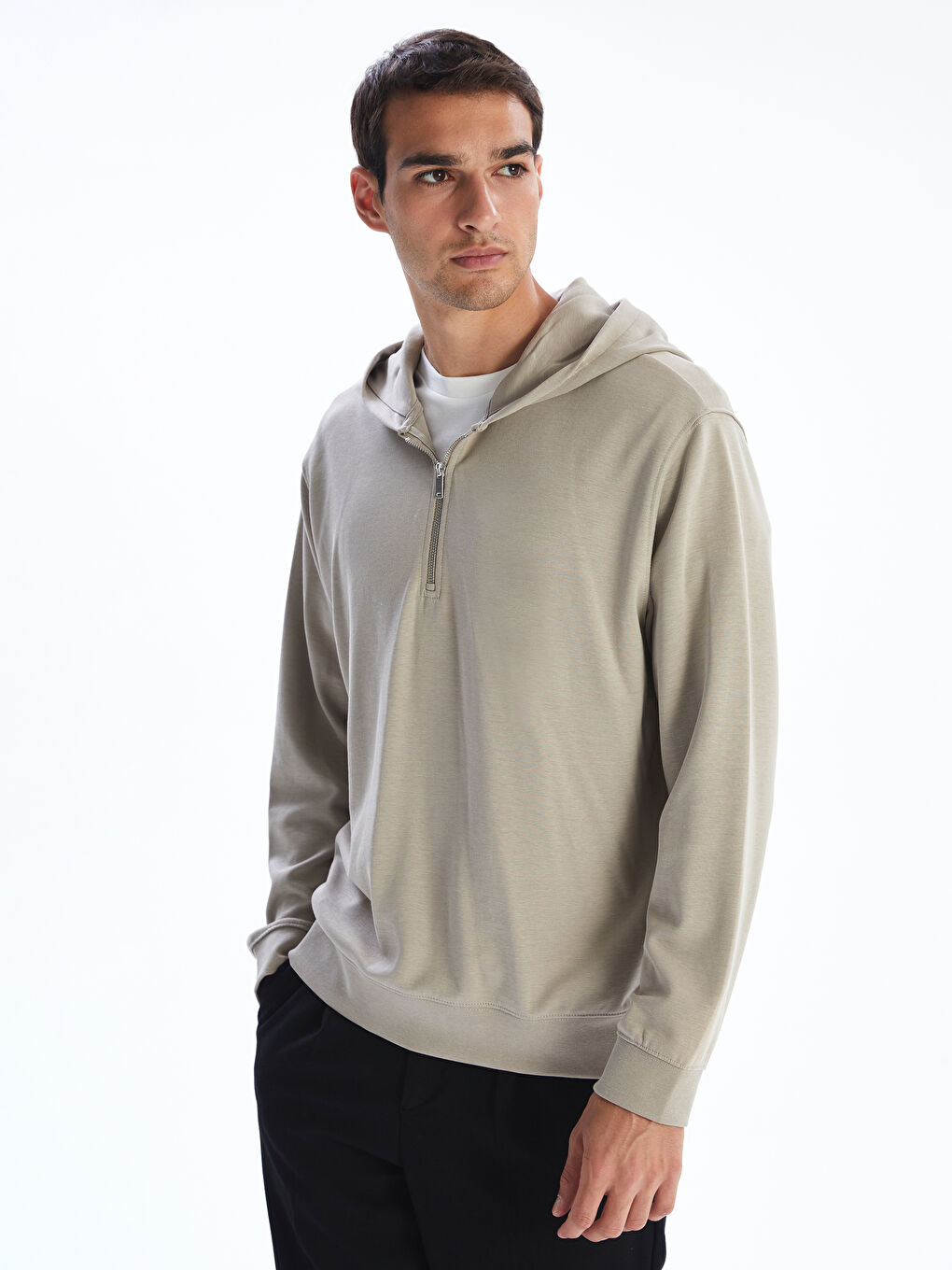 Bej Uzun Kollu Erkek Hoodie