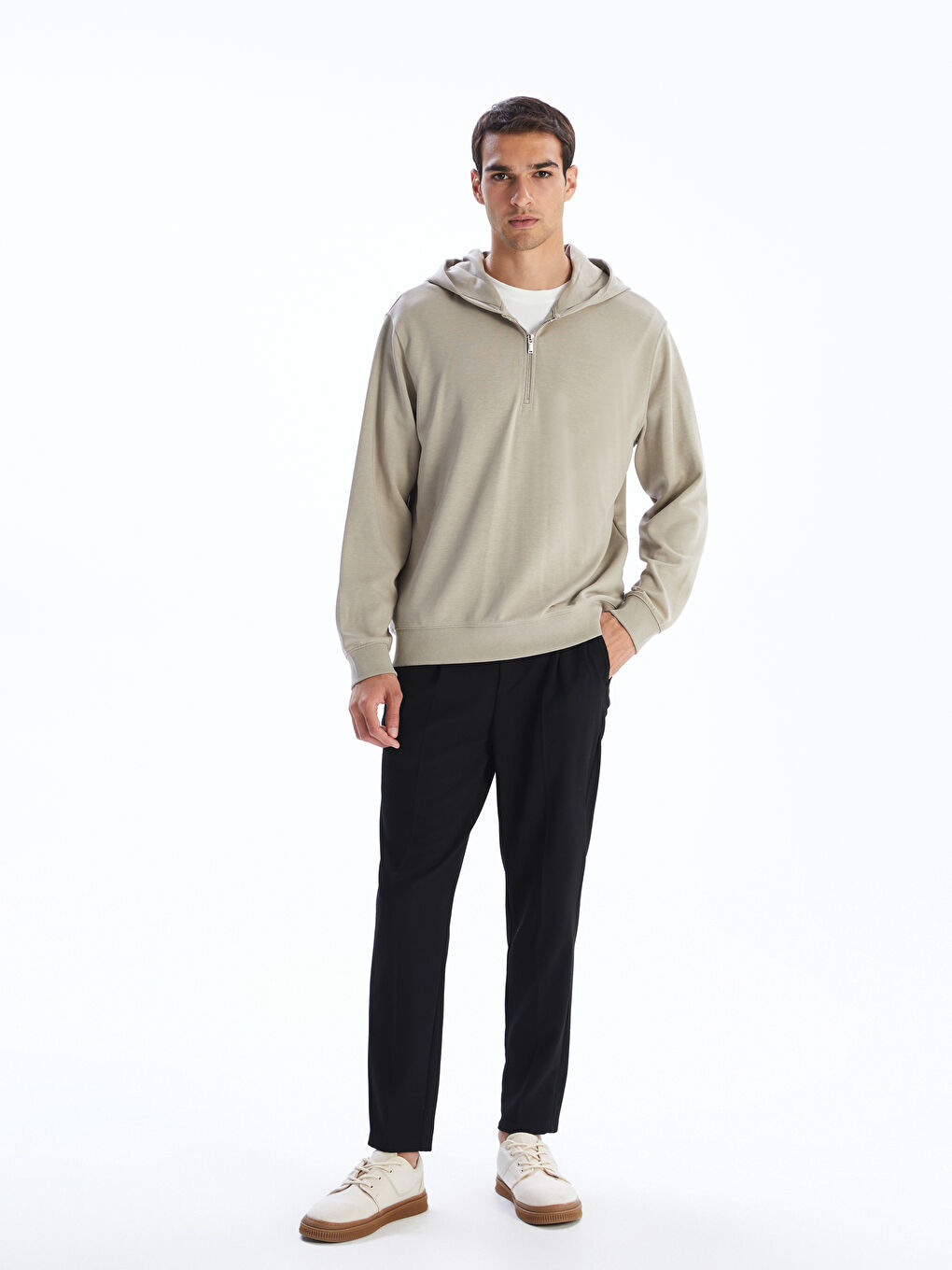 Bej Uzun Kollu Erkek Hoodie-1